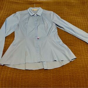 MICHAEL KORS Light Blue Peplum, HI-Lo, Button-Up Shirt